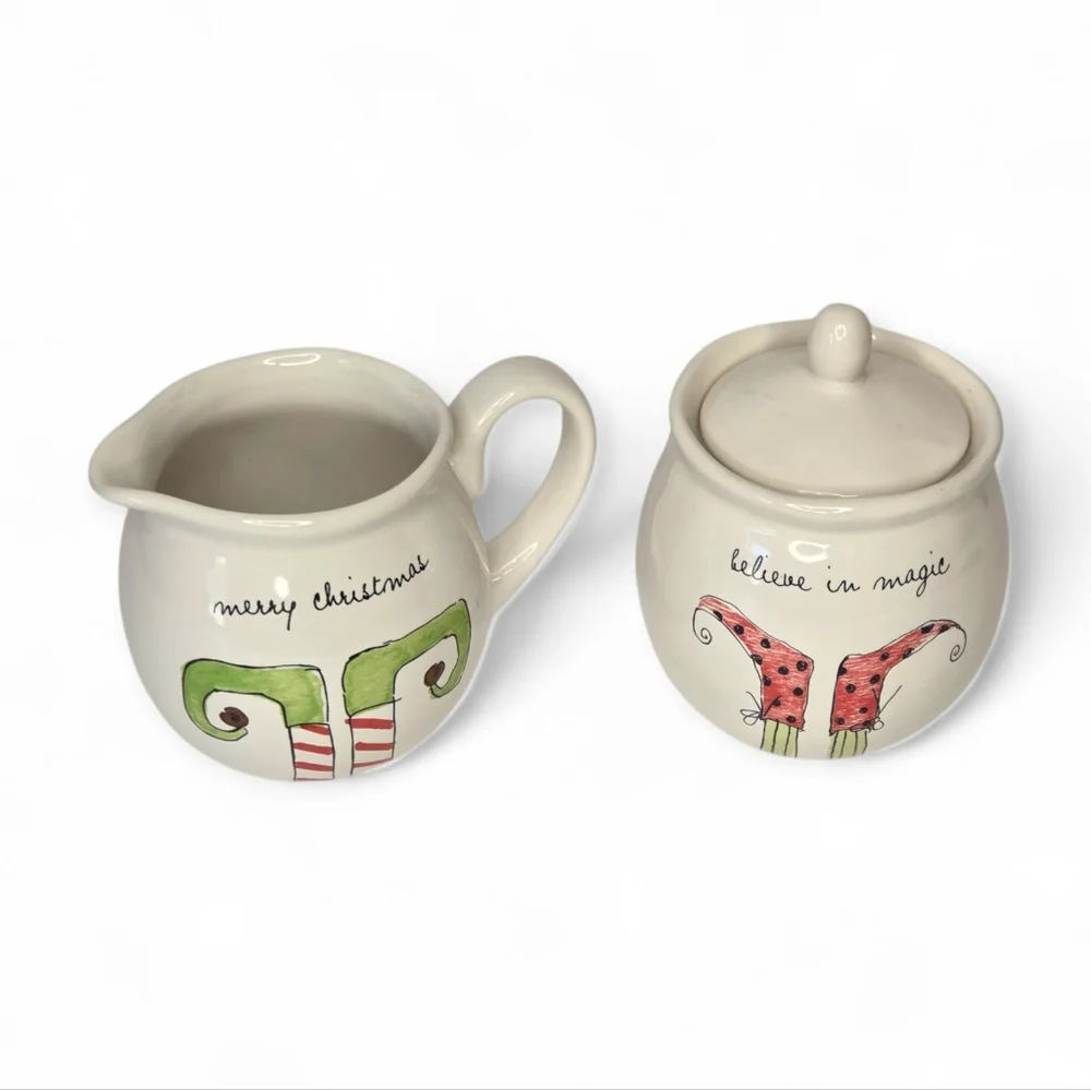 Rae Dunn Elf Feet Cream‎ And Sugar Set Christmas Kitchen Holiday Coffee Bar HTF
